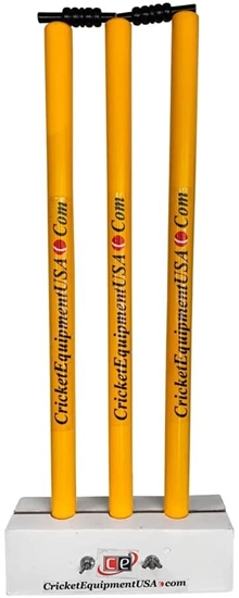 Picture of CE Colored Yellow Set of 3 Cricket Stumps with 1 Base & 2 Bails by Cricket Equipment USA