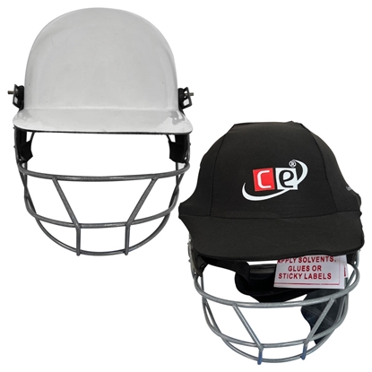 Picture of CE Predominantly White Cricket Helmet Comes with the Cover for Head & Face Protection - Multicolor Covers Range - Adjustable Size (Black)